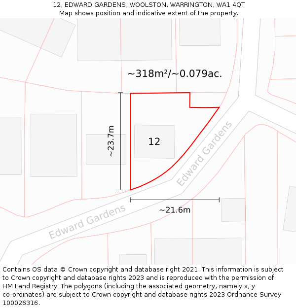 12, EDWARD GARDENS, WOOLSTON, WARRINGTON, WA1 4QT: Plot and title map
