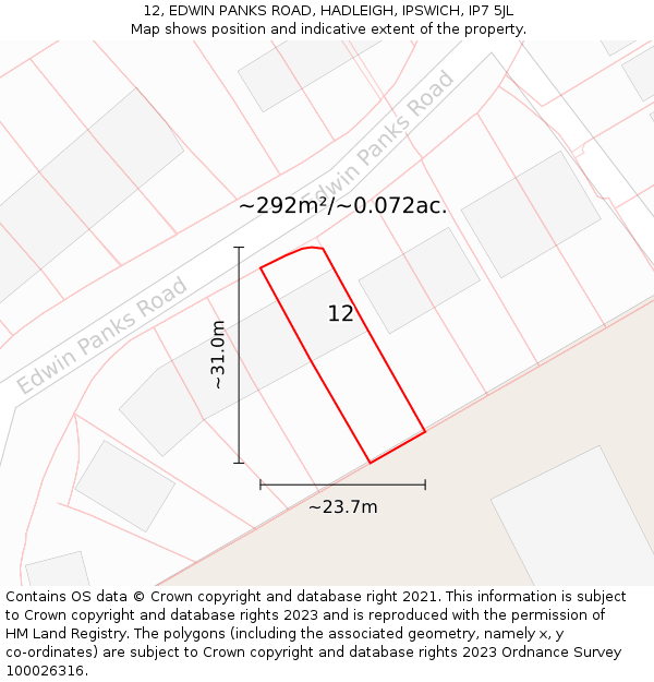 12, EDWIN PANKS ROAD, HADLEIGH, IPSWICH, IP7 5JL: Plot and title map