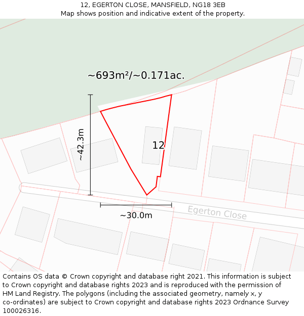 12, EGERTON CLOSE, MANSFIELD, NG18 3EB: Plot and title map