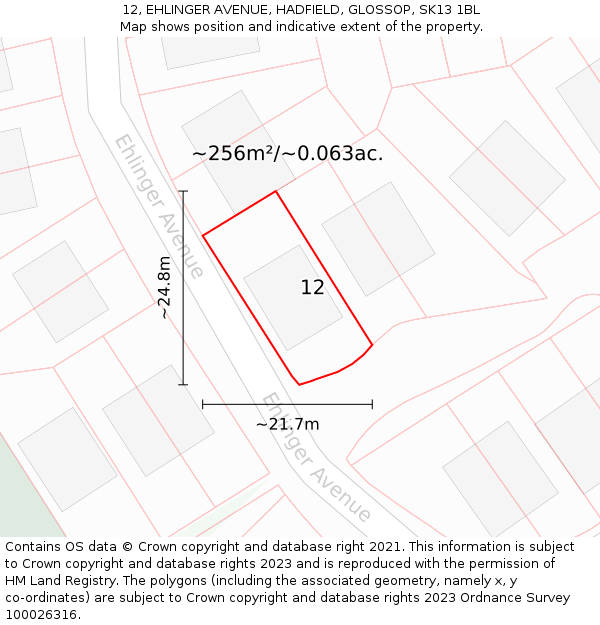 12, EHLINGER AVENUE, HADFIELD, GLOSSOP, SK13 1BL: Plot and title map