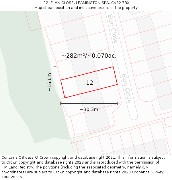 12, ELAN CLOSE, LEAMINGTON SPA, CV32 7BX: Plot and title map
