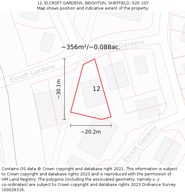 12, ELCROFT GARDENS, BEIGHTON, SHEFFIELD, S20 1GY: Plot and title map