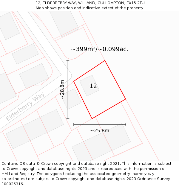 12, ELDERBERRY WAY, WILLAND, CULLOMPTON, EX15 2TU: Plot and title map