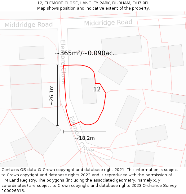 12, ELEMORE CLOSE, LANGLEY PARK, DURHAM, DH7 9FL: Plot and title map
