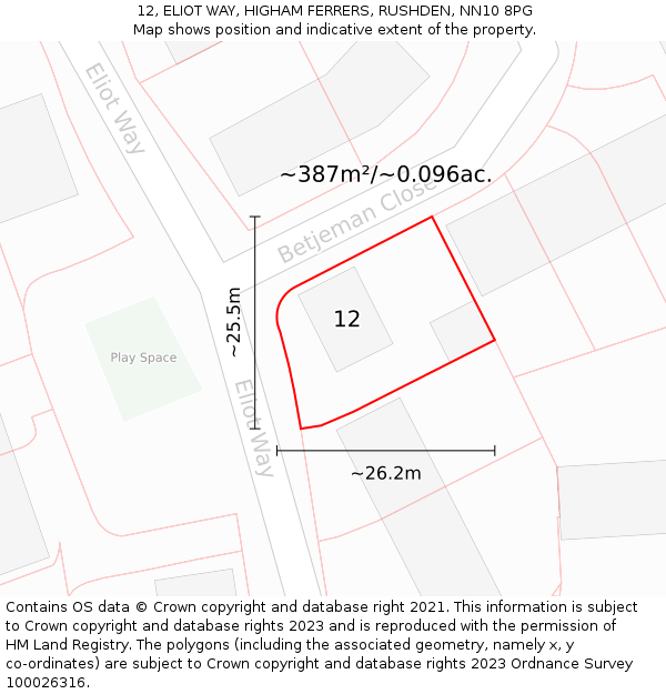 12, ELIOT WAY, HIGHAM FERRERS, RUSHDEN, NN10 8PG: Plot and title map