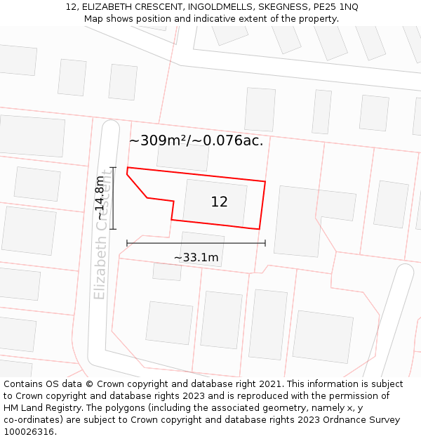 12, ELIZABETH CRESCENT, INGOLDMELLS, SKEGNESS, PE25 1NQ: Plot and title map