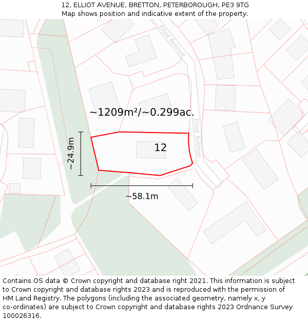 12, ELLIOT AVENUE, BRETTON, PETERBOROUGH, PE3 9TG: Plot and title map