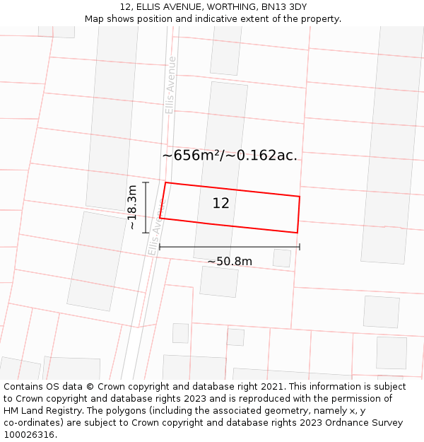 12, ELLIS AVENUE, WORTHING, BN13 3DY: Plot and title map