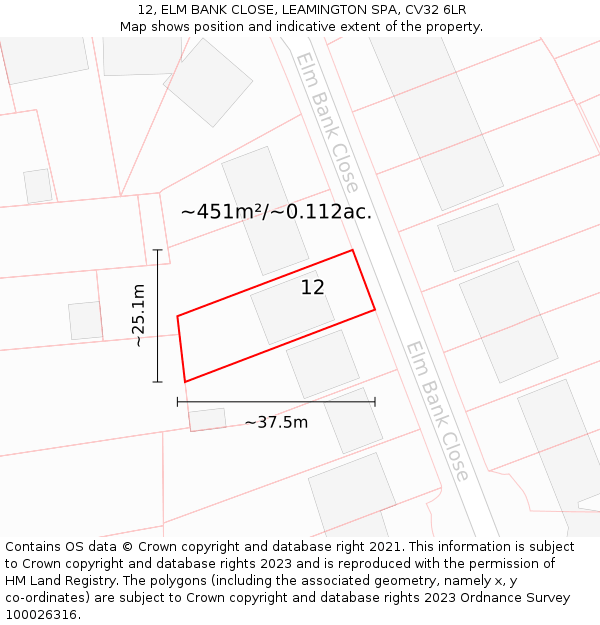 12, ELM BANK CLOSE, LEAMINGTON SPA, CV32 6LR: Plot and title map