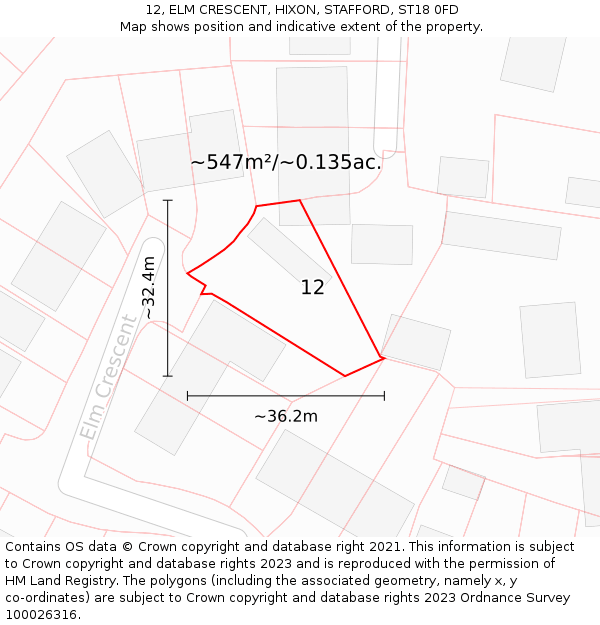 12, ELM CRESCENT, HIXON, STAFFORD, ST18 0FD: Plot and title map