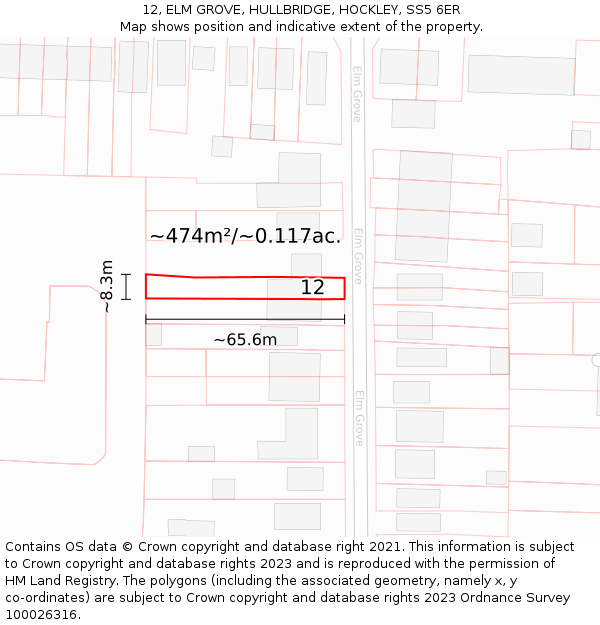 12, ELM GROVE, HULLBRIDGE, HOCKLEY, SS5 6ER: Plot and title map