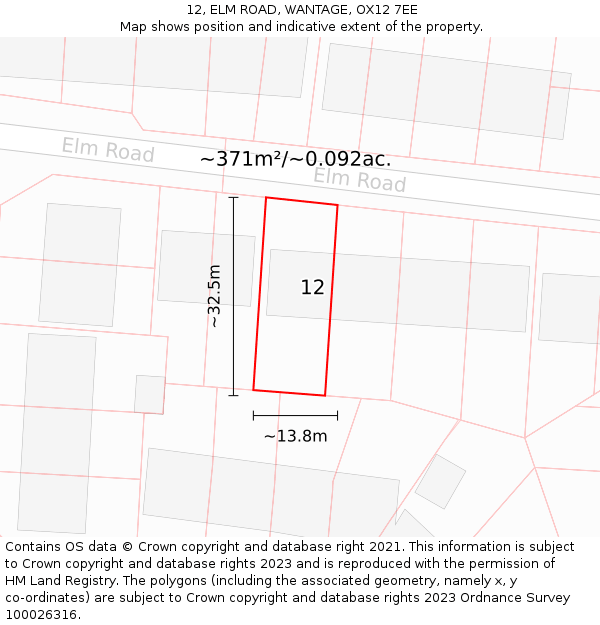 12, ELM ROAD, WANTAGE, OX12 7EE: Plot and title map