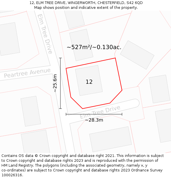 12, ELM TREE DRIVE, WINGERWORTH, CHESTERFIELD, S42 6QD: Plot and title map