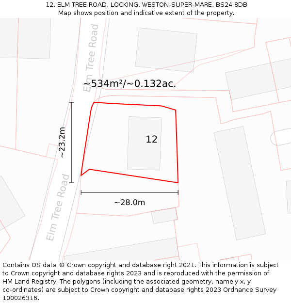 12, ELM TREE ROAD, LOCKING, WESTON-SUPER-MARE, BS24 8DB: Plot and title map