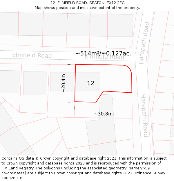 12, ELMFIELD ROAD, SEATON, EX12 2EG: Plot and title map
