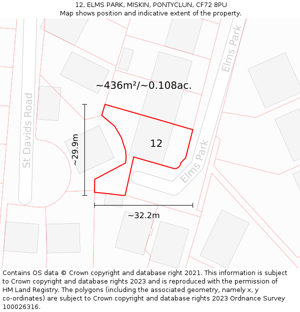 12, ELMS PARK, MISKIN, PONTYCLUN, CF72 8PU: Plot and title map