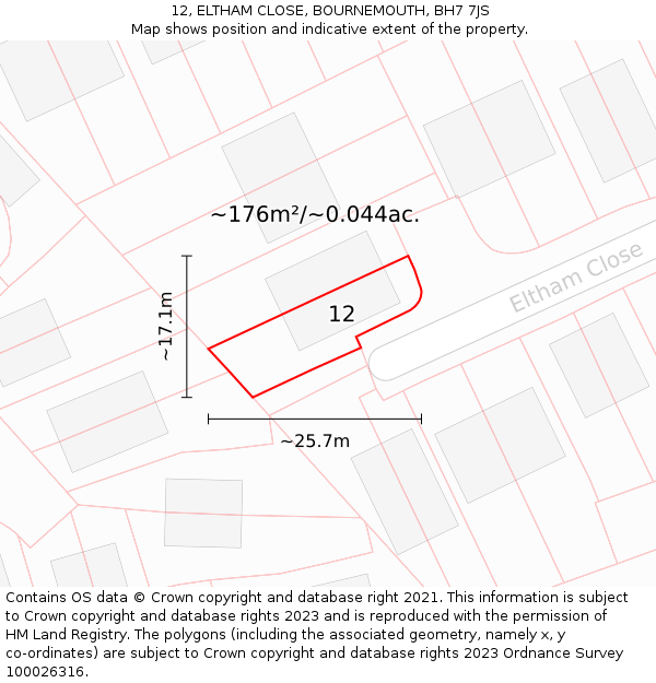 12, ELTHAM CLOSE, BOURNEMOUTH, BH7 7JS: Plot and title map