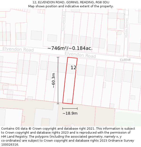 12, ELVENDON ROAD, GORING, READING, RG8 0DU: Plot and title map