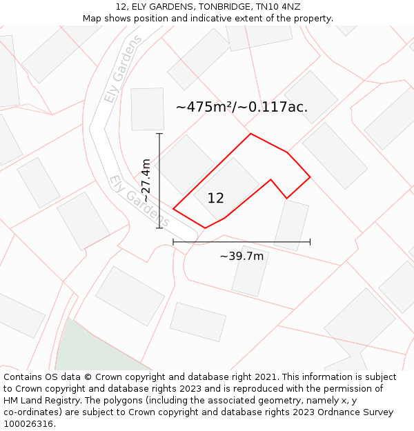 12, ELY GARDENS, TONBRIDGE, TN10 4NZ: Plot and title map