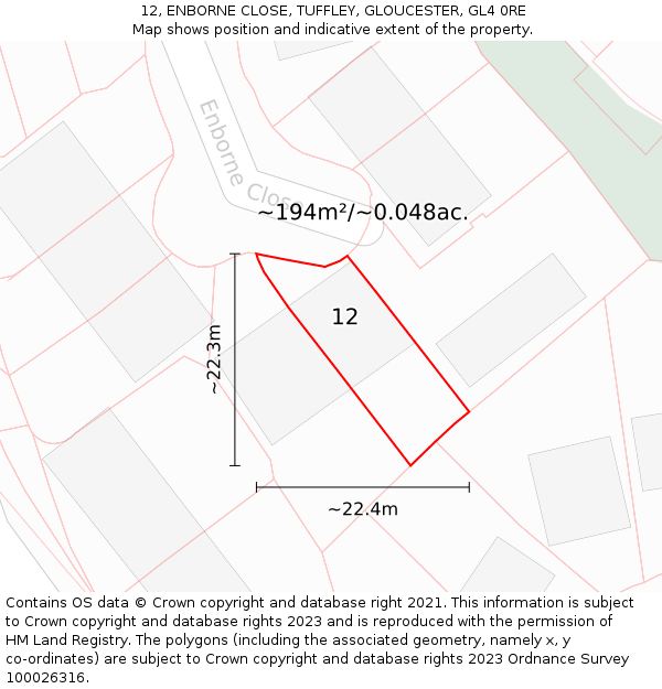12, ENBORNE CLOSE, TUFFLEY, GLOUCESTER, GL4 0RE: Plot and title map