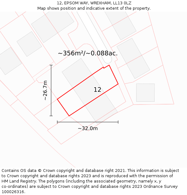 12, EPSOM WAY, WREXHAM, LL13 0LZ: Plot and title map