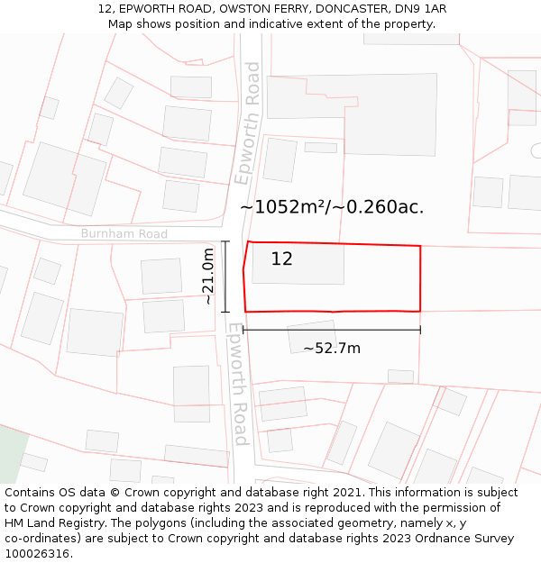 12, EPWORTH ROAD, OWSTON FERRY, DONCASTER, DN9 1AR: Plot and title map