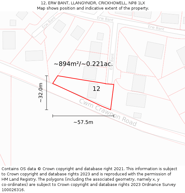 12, ERW BANT, LLANGYNIDR, CRICKHOWELL, NP8 1LX: Plot and title map