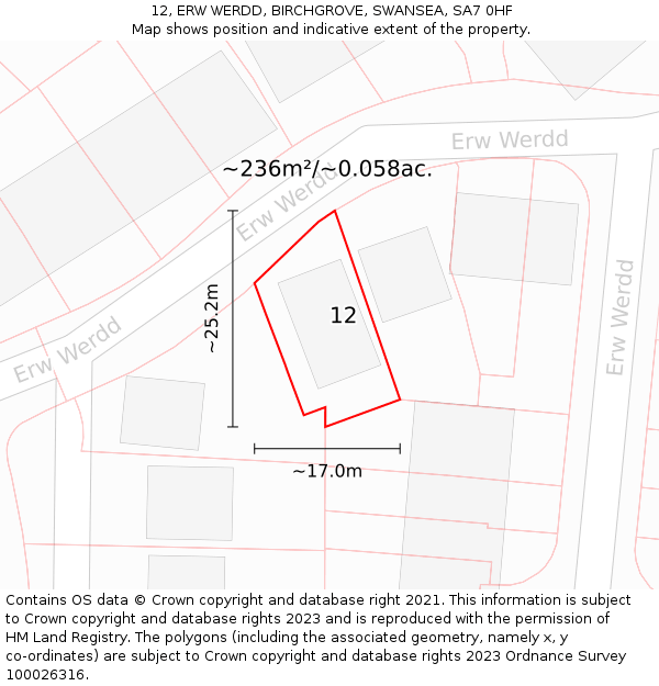 12, ERW WERDD, BIRCHGROVE, SWANSEA, SA7 0HF: Plot and title map