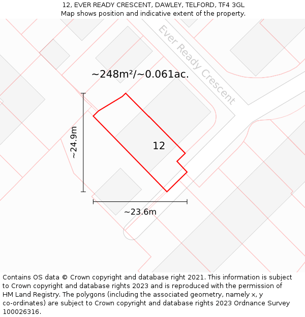12, EVER READY CRESCENT, DAWLEY, TELFORD, TF4 3GL: Plot and title map