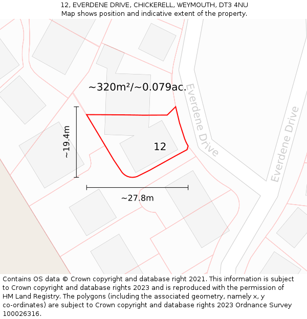 12, EVERDENE DRIVE, CHICKERELL, WEYMOUTH, DT3 4NU: Plot and title map