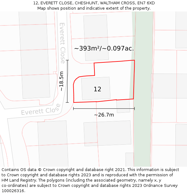 12, EVERETT CLOSE, CHESHUNT, WALTHAM CROSS, EN7 6XD: Plot and title map