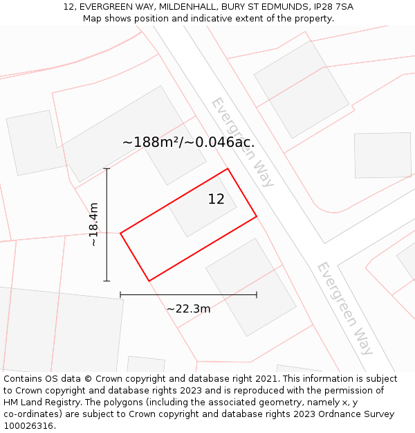 12, EVERGREEN WAY, MILDENHALL, BURY ST EDMUNDS, IP28 7SA: Plot and title map