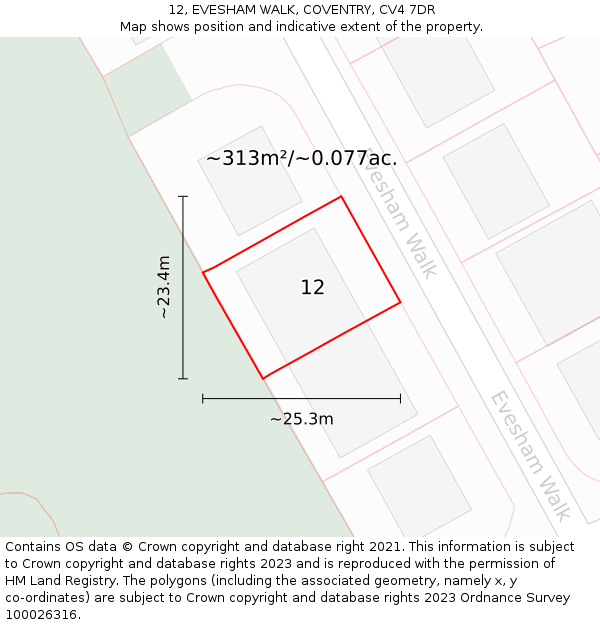 12, EVESHAM WALK, COVENTRY, CV4 7DR: Plot and title map