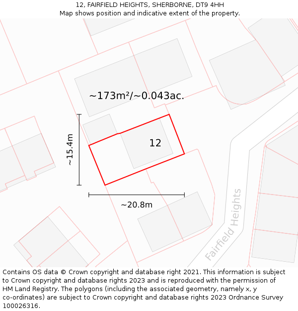 12, FAIRFIELD HEIGHTS, SHERBORNE, DT9 4HH: Plot and title map