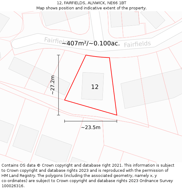 12, FAIRFIELDS, ALNWICK, NE66 1BT: Plot and title map