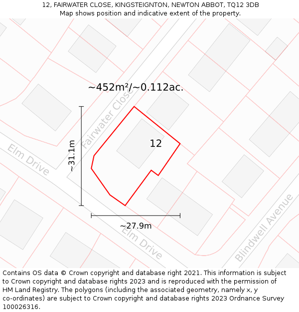 12, FAIRWATER CLOSE, KINGSTEIGNTON, NEWTON ABBOT, TQ12 3DB: Plot and title map