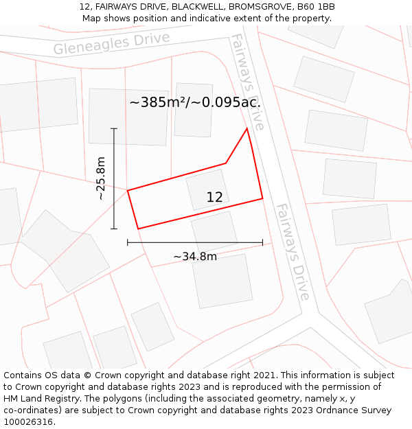 12, FAIRWAYS DRIVE, BLACKWELL, BROMSGROVE, B60 1BB: Plot and title map