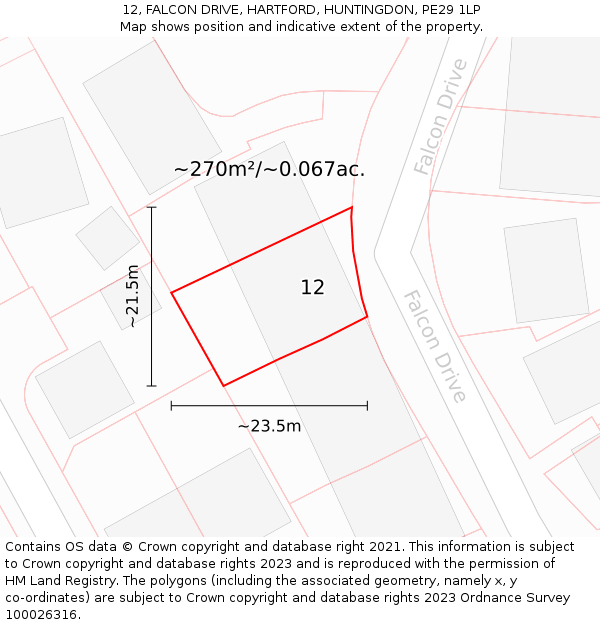12, FALCON DRIVE, HARTFORD, HUNTINGDON, PE29 1LP: Plot and title map