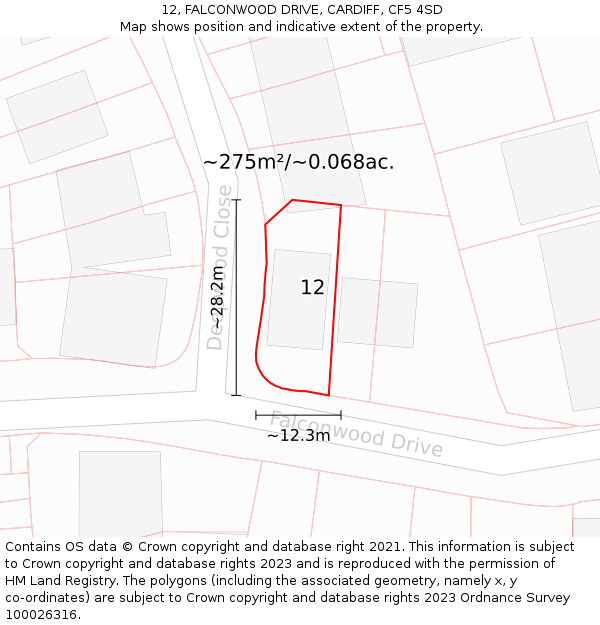 12, FALCONWOOD DRIVE, CARDIFF, CF5 4SD: Plot and title map