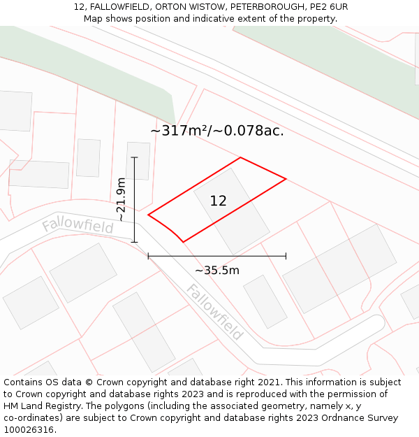 12, FALLOWFIELD, ORTON WISTOW, PETERBOROUGH, PE2 6UR: Plot and title map