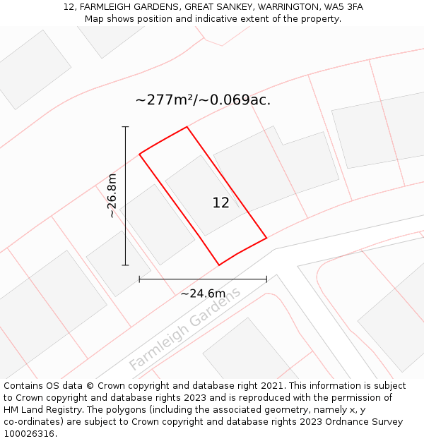 12, FARMLEIGH GARDENS, GREAT SANKEY, WARRINGTON, WA5 3FA: Plot and title map