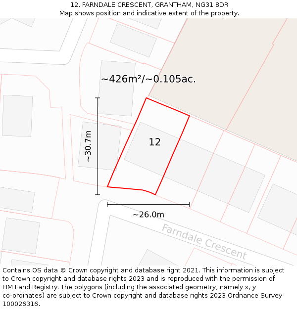 12, FARNDALE CRESCENT, GRANTHAM, NG31 8DR: Plot and title map