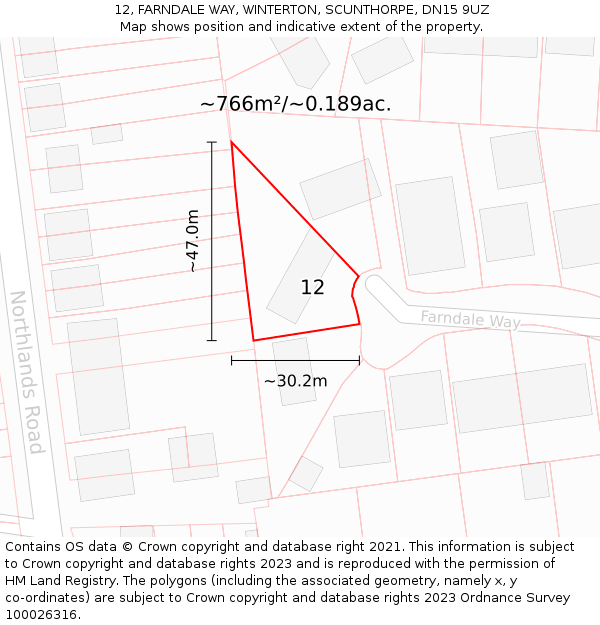 12, FARNDALE WAY, WINTERTON, SCUNTHORPE, DN15 9UZ: Plot and title map