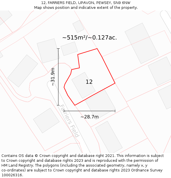 12, FARRIERS FIELD, UPAVON, PEWSEY, SN9 6NW: Plot and title map