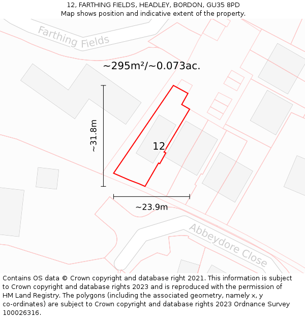 12, FARTHING FIELDS, HEADLEY, BORDON, GU35 8PD: Plot and title map