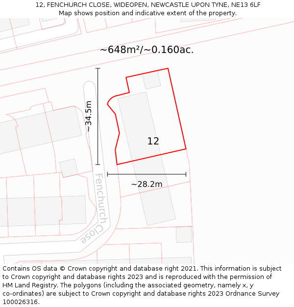 12, FENCHURCH CLOSE, WIDEOPEN, NEWCASTLE UPON TYNE, NE13 6LF: Plot and title map