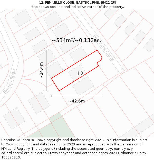 12, FENNELLS CLOSE, EASTBOURNE, BN21 2RJ: Plot and title map