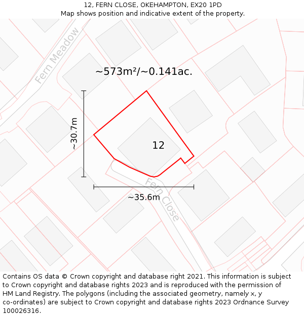 12, FERN CLOSE, OKEHAMPTON, EX20 1PD: Plot and title map