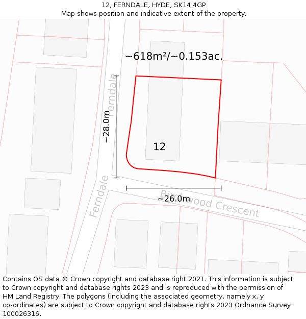 12, FERNDALE, HYDE, SK14 4GP: Plot and title map