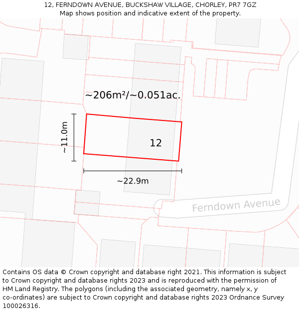 12, FERNDOWN AVENUE, BUCKSHAW VILLAGE, CHORLEY, PR7 7GZ: Plot and title map